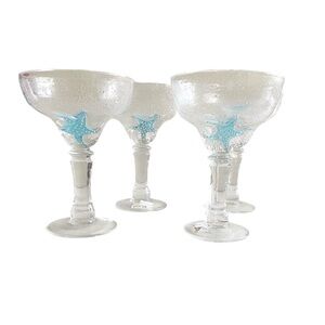 Lenox Set Of 4 Margarita Hand Blown Clear Bubble Glass With Aqua Starfish 16 oz.